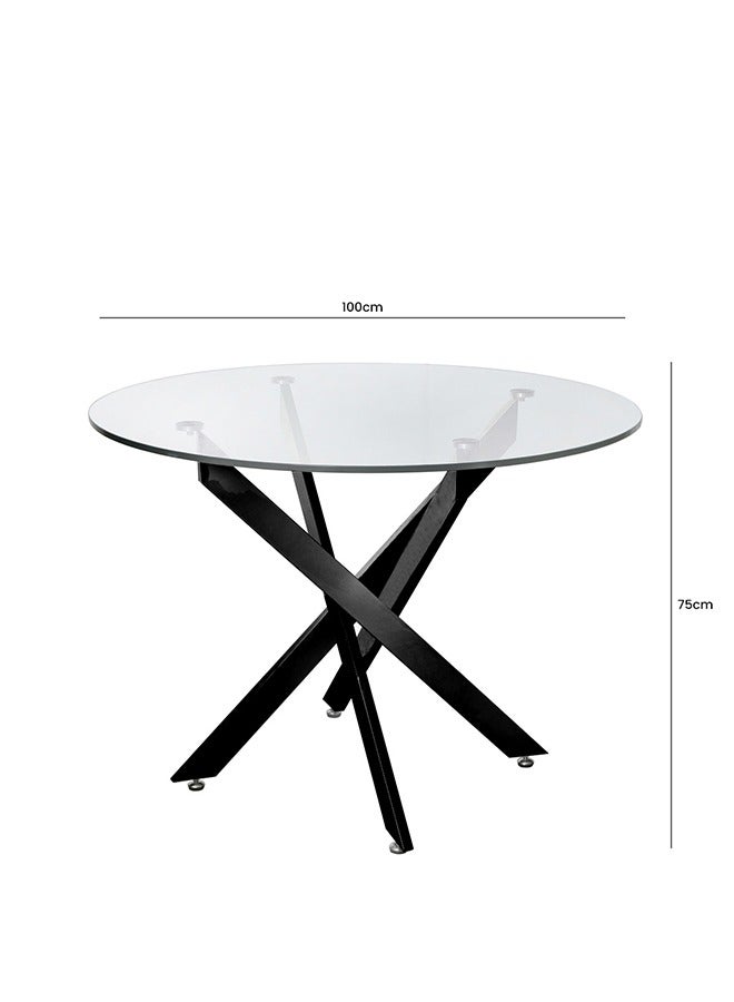 VANITY LIVING طاولة طعام VANITY LIVING مع سطح زجاجي، طاولة عشاء دائرية بقطر 100 سم، طاولة مطبخ براكفاست مع قاعدة معدنية سوداء بتصميم عصري  - Image 4