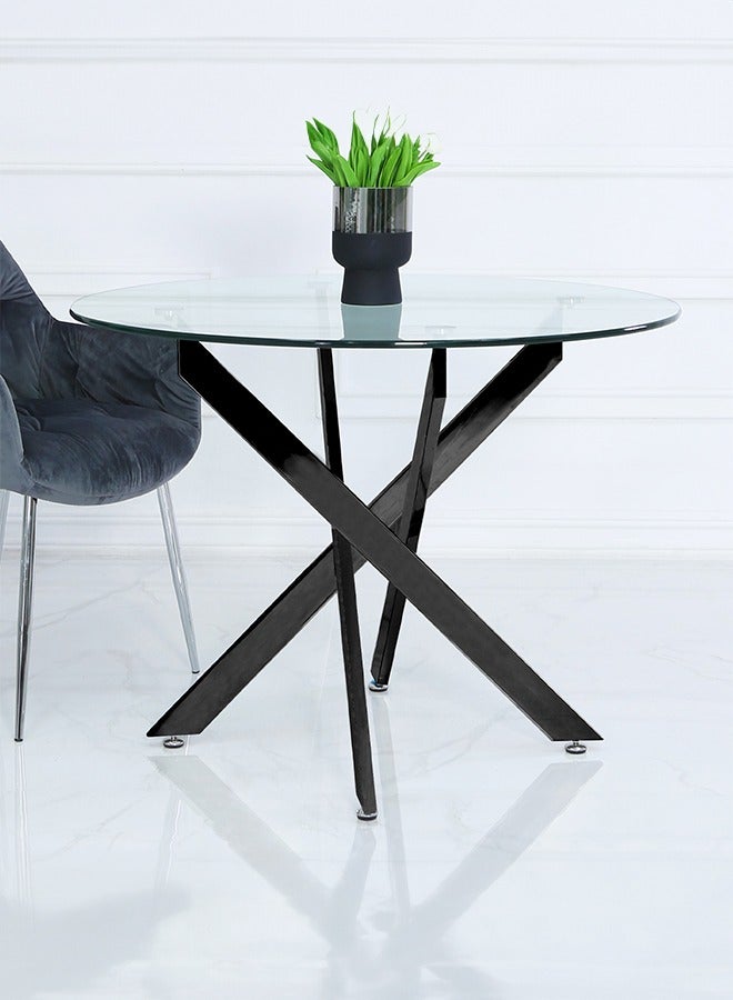 VANITY LIVING طاولة طعام VANITY LIVING مع سطح زجاجي، طاولة عشاء دائرية بقطر 100 سم، طاولة مطبخ براكفاست مع قاعدة معدنية سوداء بتصميم عصري  - Image 1