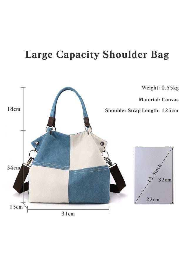 Women Canvas Shoulder Tote Handbag - Casual Top Handle Multi-Pocket Crossbody Satchel Messenger-blue  - Image 2