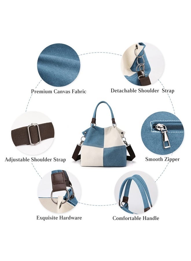 Women Canvas Shoulder Tote Handbag - Casual Top Handle Multi-Pocket Crossbody Satchel Messenger-blue  - Image 3
