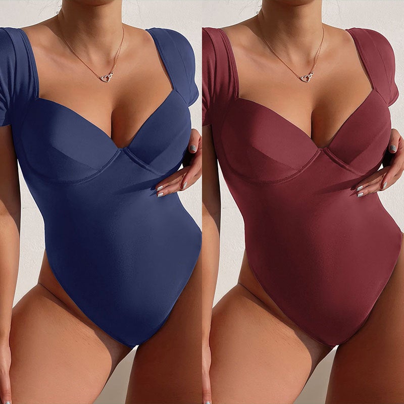 2024Bikini New Solid Color Short Sleeve Hard Cup Pleated Conservative One-Piece Swimsuit Tight Bikini - Image 2