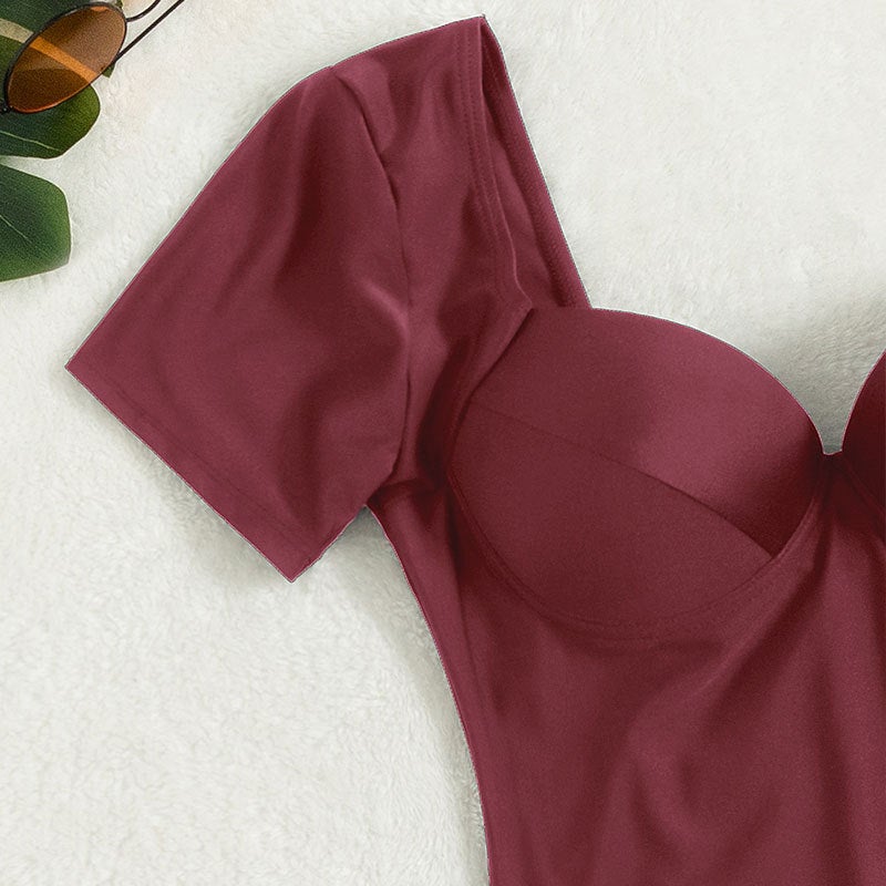 2024Bikini New Solid Color Short Sleeve Hard Cup Pleated Conservative One-Piece Swimsuit Tight Bikini - Image 5