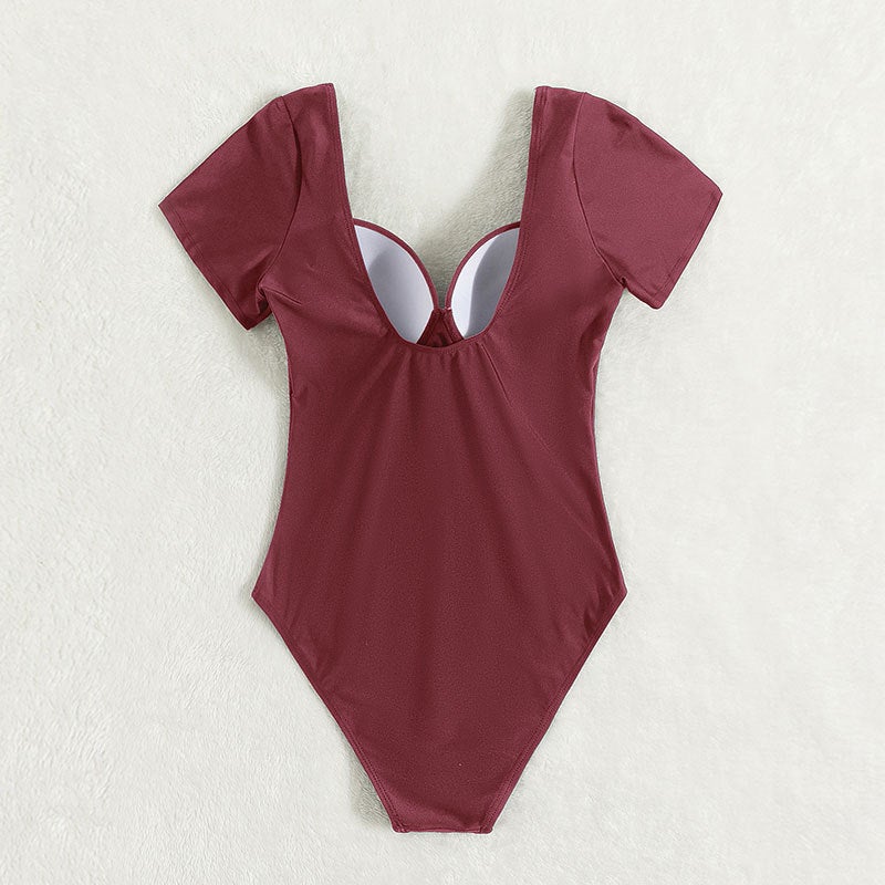 2024Bikini New Solid Color Short Sleeve Hard Cup Pleated Conservative One-Piece Swimsuit Tight Bikini - Image 3