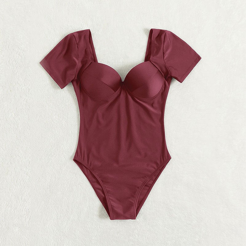 2024Bikini New Solid Color Short Sleeve Hard Cup Pleated Conservative One-Piece Swimsuit Tight Bikini - Image 4
