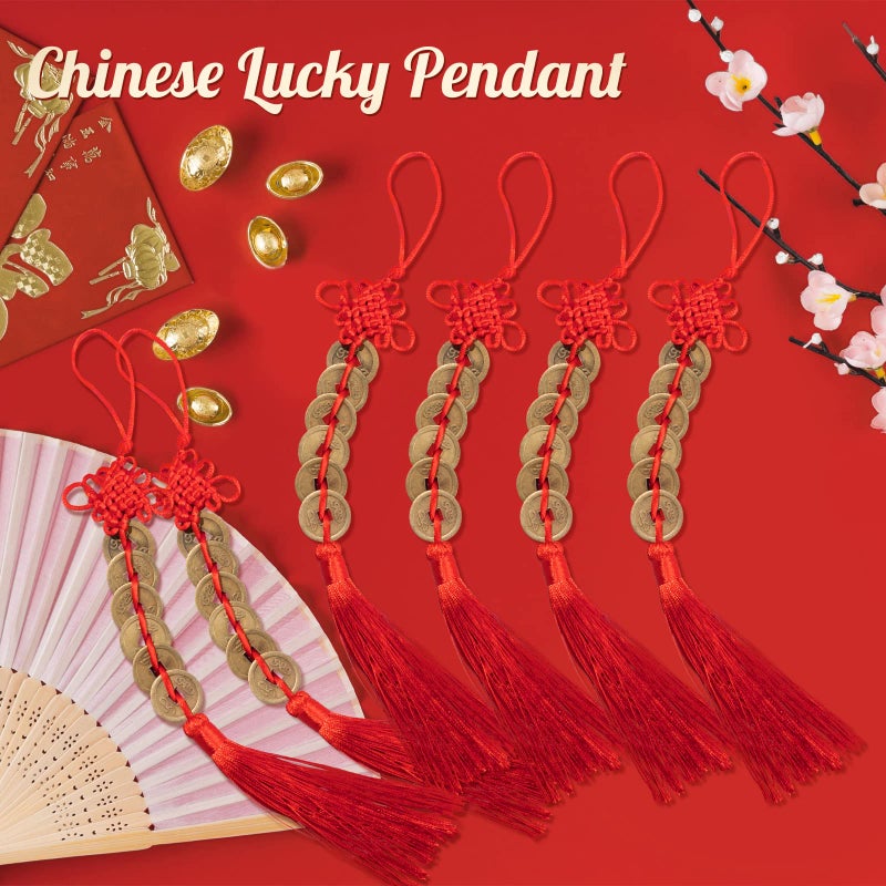 ISKYBOB Chinese Feng Shui Coins, Set of 6 I Ching Coins with Red Chinese Knot String Vintage Lucky Fortune Coins Charm for Home Car Hanging Decoration - Image 3