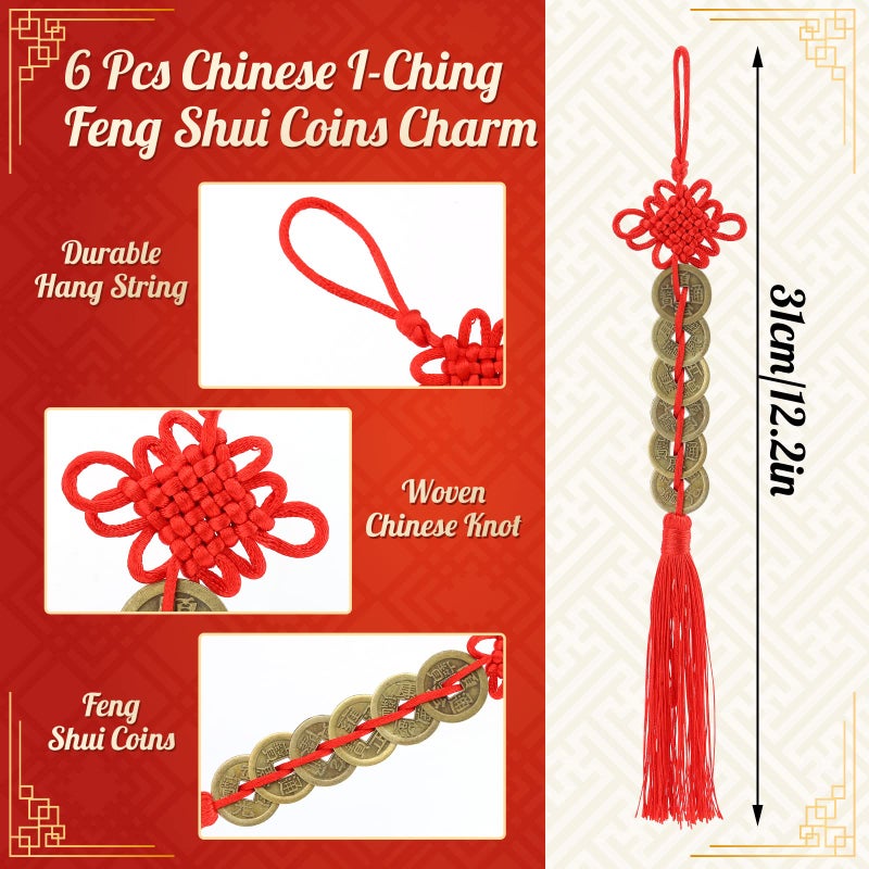 ISKYBOB Chinese Feng Shui Coins, Set of 6 I Ching Coins with Red Chinese Knot String Vintage Lucky Fortune Coins Charm for Home Car Hanging Decoration - Image 2