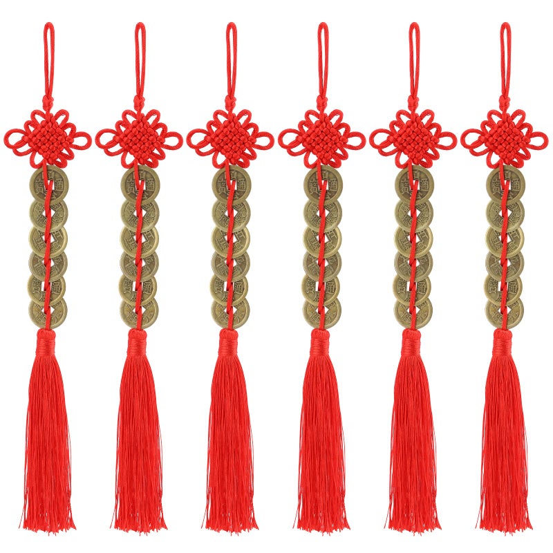 ISKYBOB Chinese Feng Shui Coins, Set of 6 I Ching Coins with Red Chinese Knot String Vintage Lucky Fortune Coins Charm for Home Car Hanging Decoration - Image 1
