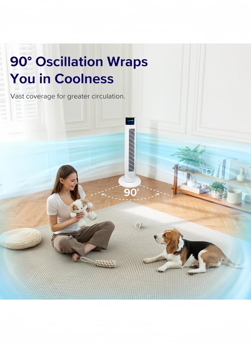 GGEROU Tower Fan with Remote, 90° Oscillation Bladeless Standing Fan,27ft/s High-Speed 34dB Quiet Floor Fan Pedestal Fans with 3 Speeds, 3 Modes, 12H Timer，Temperature LED Display White  - Image 3