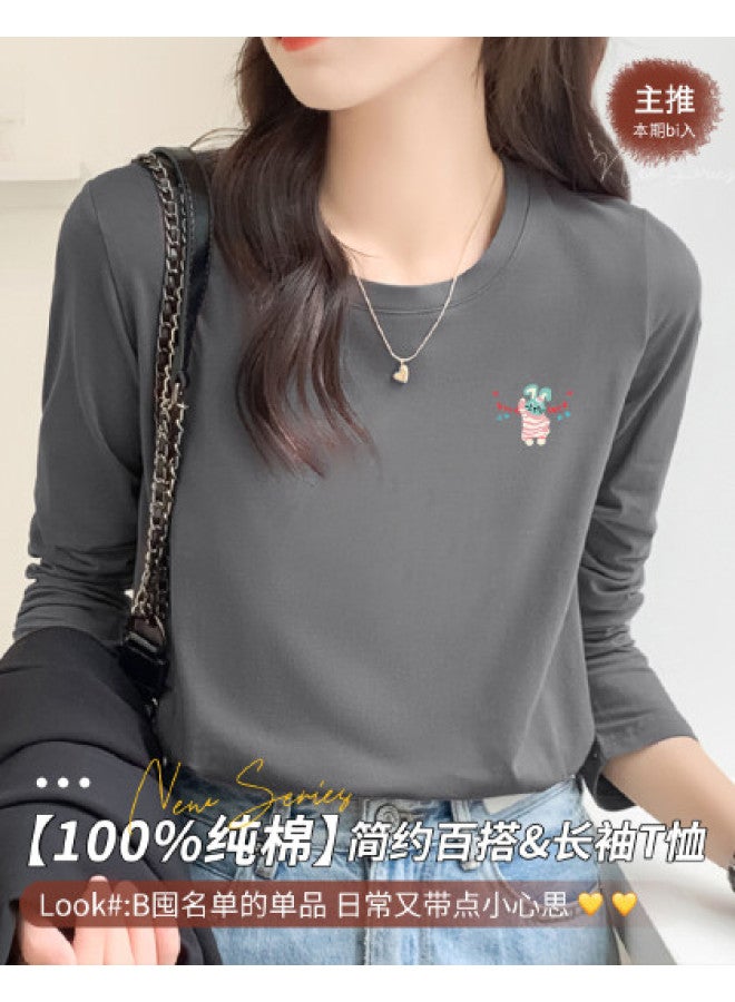 LANG SHA Women'S Long Sleeve Round Neck T-Shirt, Versatile Solid Color Printed Base Layer Top, Women'S T-Shirt - Image 1