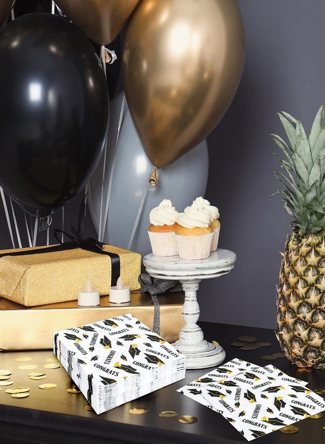 Whaline مناديل حفلة التخرج من واهلين 6.5 × 6.5 بوصة بيضاء سوداء قابلة للتصرف تهانينا تخرج قبعات مناديل غداء لحفلة عشاء التخرج لوازم الحفلات، 80 عبوة - Image 4