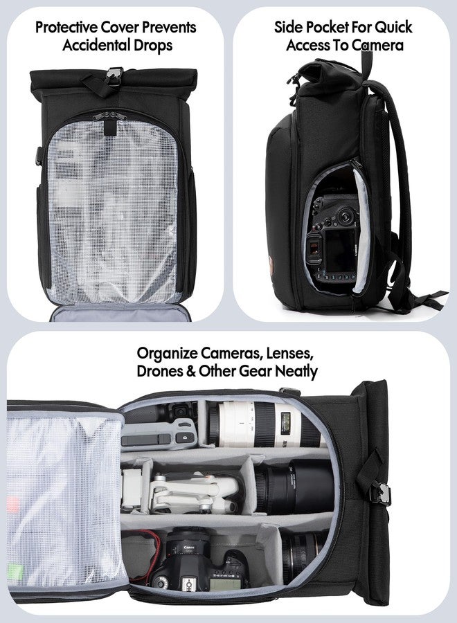 Smasrob Camera Backpack with Padded Laptop Sleeve and Tripod Holder, Camera Bags for Photographers with Adjustable Dividers, Black - Image 3