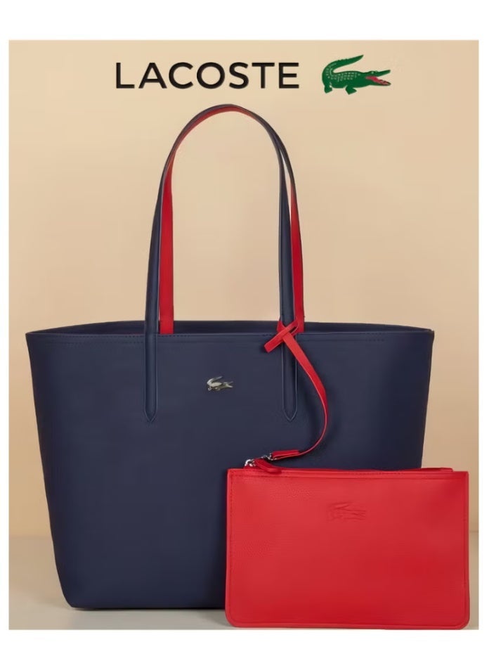 لاكوست النساء مزدوجة الجانبين لونين كبيرة السعة حقيبة اليد، عصرية متعددة الوظائف، الأزرق / الأحمر - Image 1