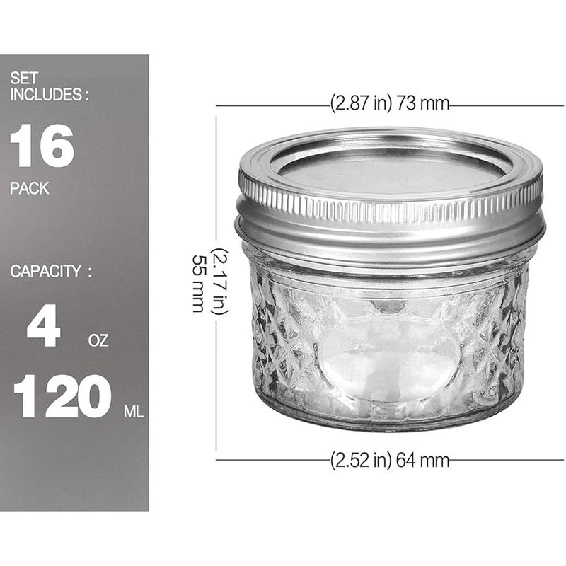 VERONES Mason Jars Canning Jars, 4 OZ Jelly Jars With Regular Lids and Bands, Ideal for Jam, Honey, Wedding Favors, Shower Favors, Baby Foods, DIY Magnetic Spice Jars, 16 PACK, Extra 16 Lids - Image 1