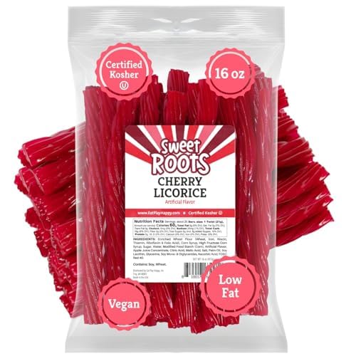 Happy Bites Sweet Roots Cherry Licorice Twists – 16 oz Jumbo Soft Licorice Sticks | Made with Real Fruit Juice | Vegan, Fat Free, Kosher | Red Gourmet Rope Candy Treats for Fruity Cherry Lovers - Image 1