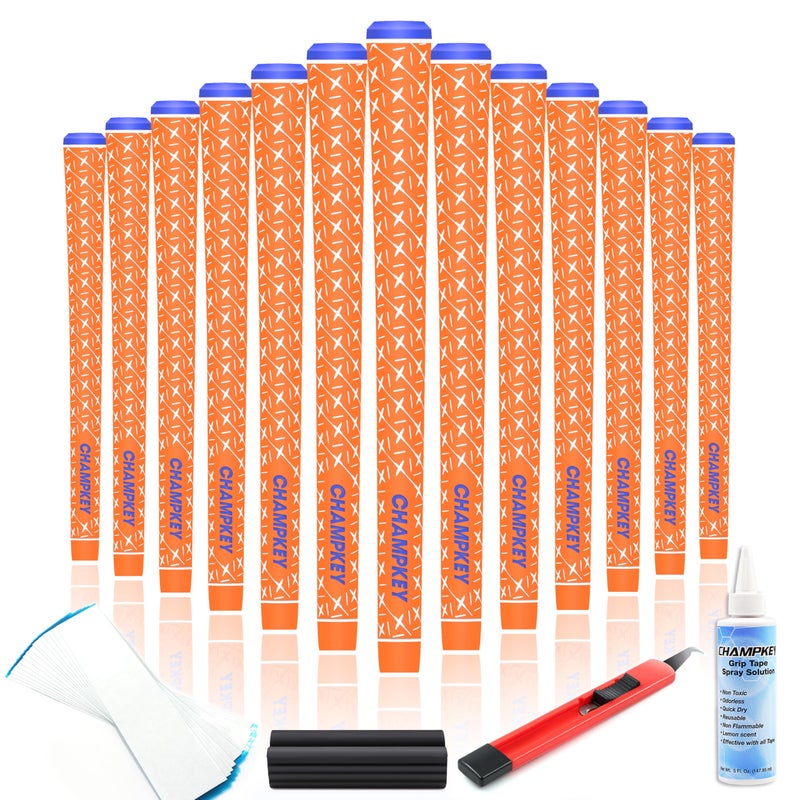 Champkey Rubber Golf Grips Set - 13 Grips (5 Oz Solvent, Hook Blade, 15 Tapes & Vise Clamp) - Choose Between Orange Repair Kits & Midsize or 15 Tapes - Image 1