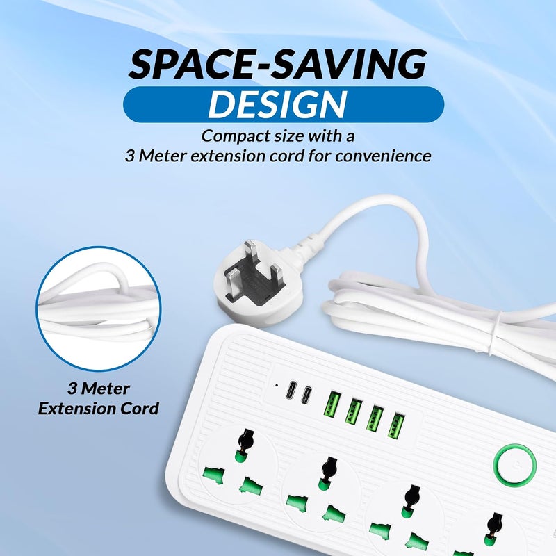 DANEEN Power Extension cord | 3M 3 Core Cable with 10A Fused UK 3 PIN Plug, 04 Power Outlets, 2 Type C and 6 USB 4.8A Fast Charging Ports, Surge & Overload Protection | Push button & LED Indicator - Image 2