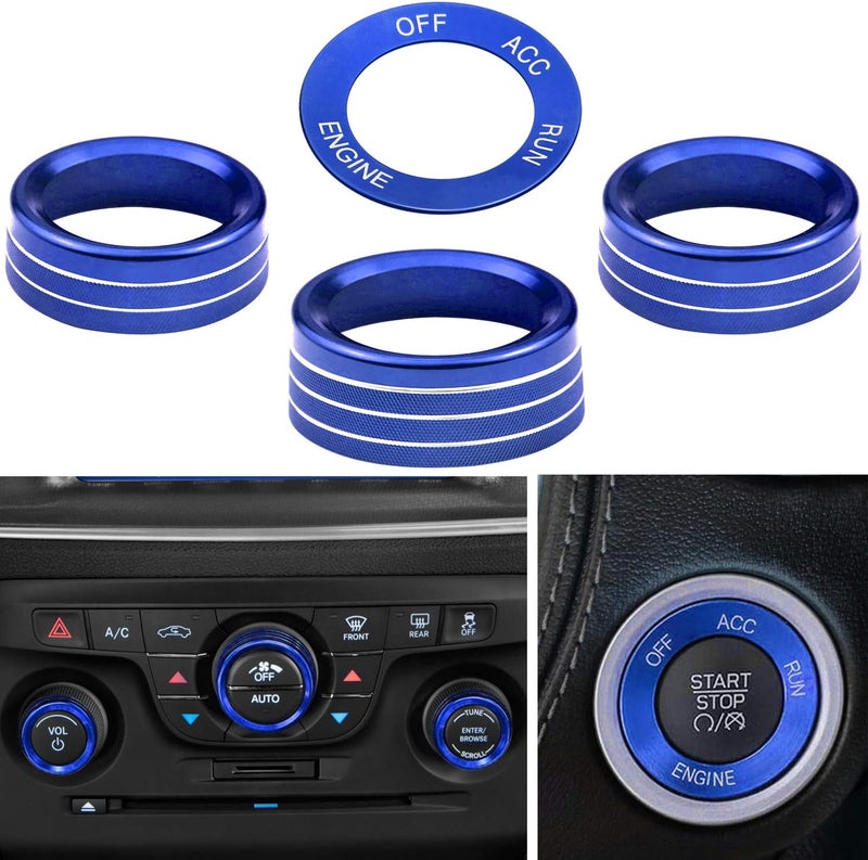 Kujunpao for Challeger Air Conditioner Turn Signal Light Climate Volume Auto Center Console Knob Ring Compatible with Dodge Challenger/Charger/Chrysler Stop Start Button Sticker 2015-2019 (Blue) - Image 1