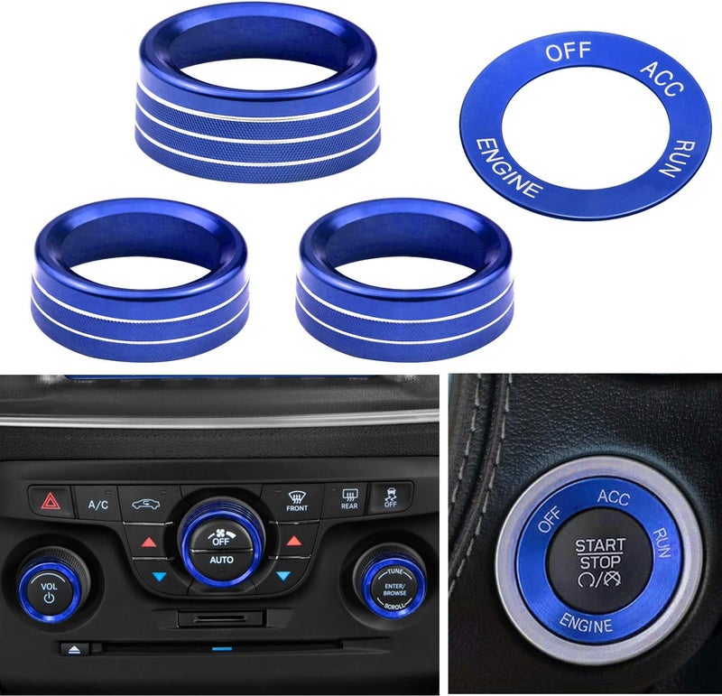 Kujunpao for Challeger Air Conditioner Turn Signal Light Climate Volume Auto Center Console Knob Ring Compatible with Dodge Challenger/Charger/Chrysler Stop Start Button Sticker 2015-2019 (Blue) - Image 3