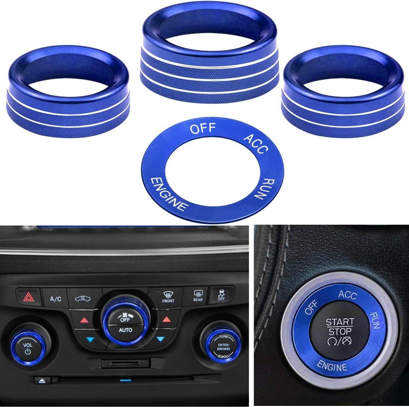 Kujunpao for Challeger Air Conditioner Turn Signal Light Climate Volume Auto Center Console Knob Ring Compatible with Dodge Challenger/Charger/Chrysler Stop Start Button Sticker 2015-2019 (Blue) - Image 2