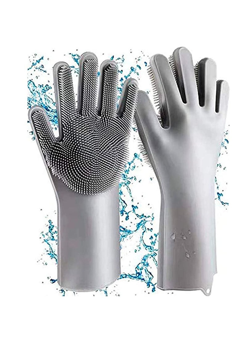 NIBEMINENT Magic Silicone Dishwashing Gloves, Reusable Gloves with Wash Scrubbe, Kitchen ,Reusable Heat Resistant for Kitchen, Bathroom, Car, Pet(Grey, 1 Pair)  - Image 1