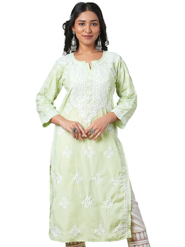 Ada Hand Embroidered Lucknowi Chikankari Cotton Kurta Kurti Tunic for Women A411698 Light Green (M) - Image 1