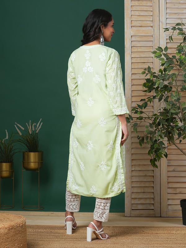 Ada Hand Embroidered Lucknowi Chikankari Cotton Kurta Kurti Tunic for Women A411698 Light Green (M) - Image 2