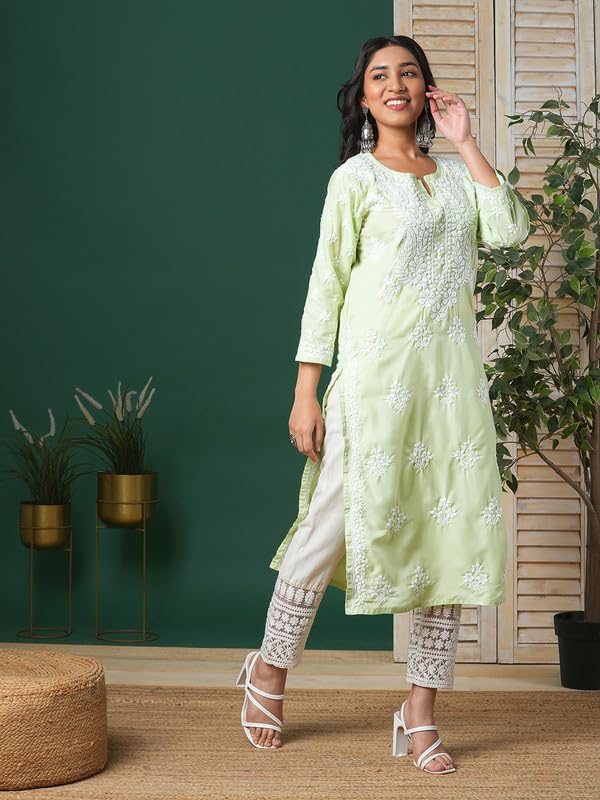 Ada Hand Embroidered Lucknowi Chikankari Cotton Kurta Kurti Tunic for Women A411698 Light Green (M) - Image 4