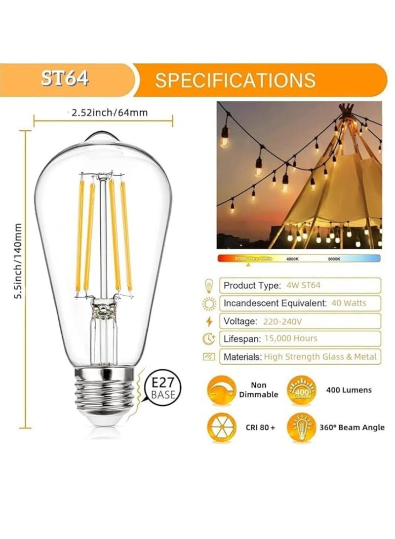 Yuwell Outdoor Waterproof IP65 Led String Lights E27 Holder 20 Meter Bulb Holder Wire With 40 Bulbs 4W ST64 Clear With EU Plug Solar Bulb Holder For Ramadan Decoration Lights And Outdoor Decoration Light Hanging Light String Wire Ramadan Light For Commercial Patio Garden & Porch Yard - Image 4