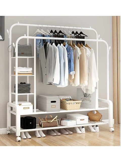 Double clothes hanger with swivel wheels, equipped with shelves and side hangers, white