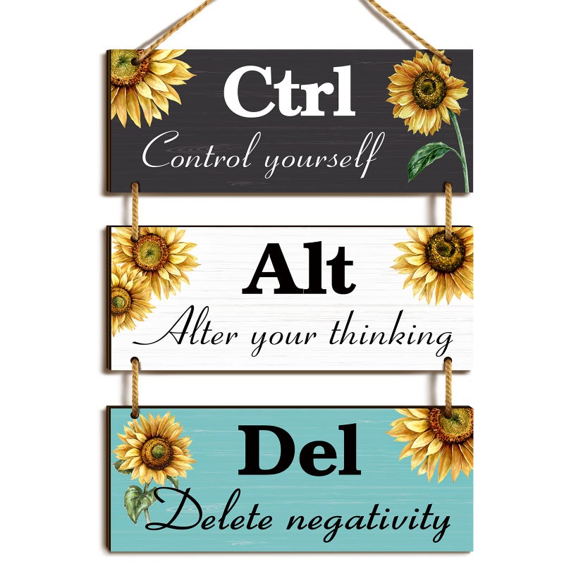 Ferraycle 3 Pcs Sunflower Office Wall Decor Inspirational Ctrl Alt Del Sign Rustic Wooden Hanging Plaques with Motivational Saying Wall Art for Women Office Kitchen Bathroom Door Living Room Decor
