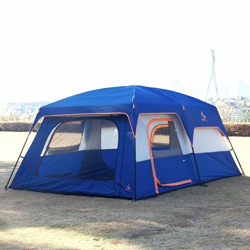 KTT Extra Large Tent 12 Person,Family Cabin Tents,2 Rooms,3 Doors and 3 Windows with Mesh,Straight Wall,Waterproof,Double Layer,Big Tent for Outdoor,Picnic,Camping,Family Gathering(Dark Blue) - Image 3