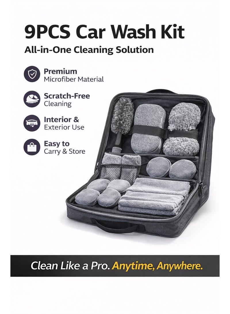 9PCS Car Wash Kit – Complete Microfiber Cleaning Set for Interior & Exterior