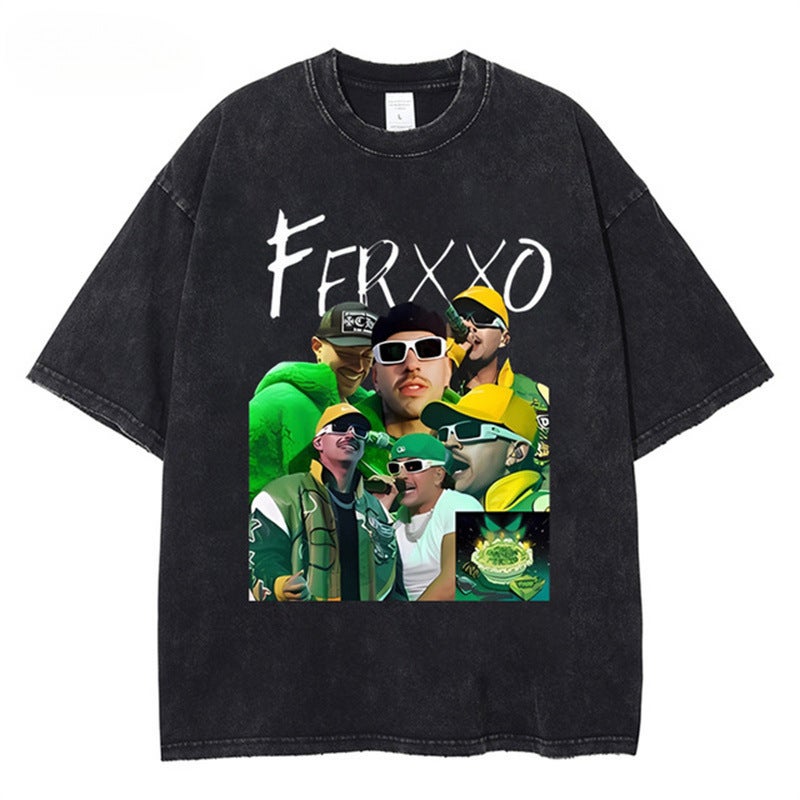 Retro Anime Printed Short-Sleeved T-Shirt Men'S Ins National Fashion Brand Washed Old Loose Cotton Top - Image 1