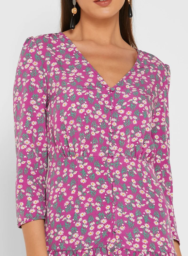 ELLA Printed Button Down Ruffle Hem Midi Dress