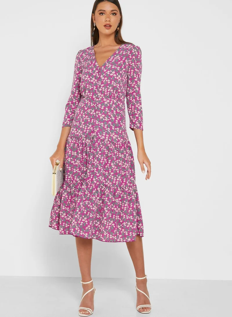 ELLA Printed Button Down Ruffle Hem Midi Dress