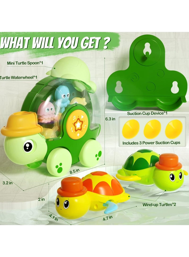 Bath Toys for Toddlers, Baby Bath Toys Turtle Set with a Rotating Waterwheel and 2 Wind-up Swimming Turtles, Interactive Bathtub Water Toys with Sound and 3 Suction Cups - Image 3