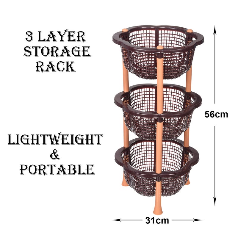Kuber Industries Storage Basket Plastic 3 Layer Kitchen Storage Basket Storage Rack for Kitchen MultiLayer Vegetable Rack Desire FloorStanding Rack Brown - Image 3