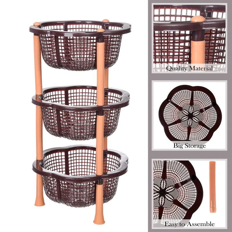 Kuber Industries Storage Basket Plastic 3 Layer Kitchen Storage Basket Storage Rack for Kitchen MultiLayer Vegetable Rack Desire FloorStanding Rack Brown - Image 4