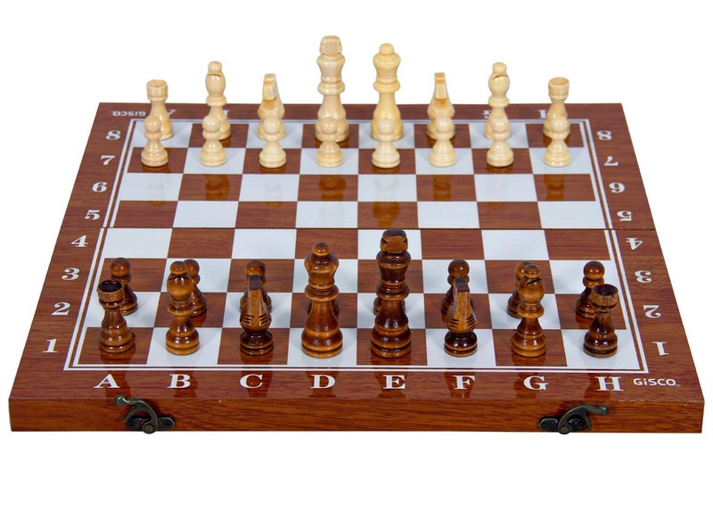 GISCO مجموعة شطرنج قابلة للطي مصنوعة يدويًا من الخشب غير المغناطيسي مع قطع خشبية للأطفال والبالغين | مناسبة للسفر | ألعاب لوحية داخلية وخارجية (19 × 19 بوصة متميزة) - Image 1