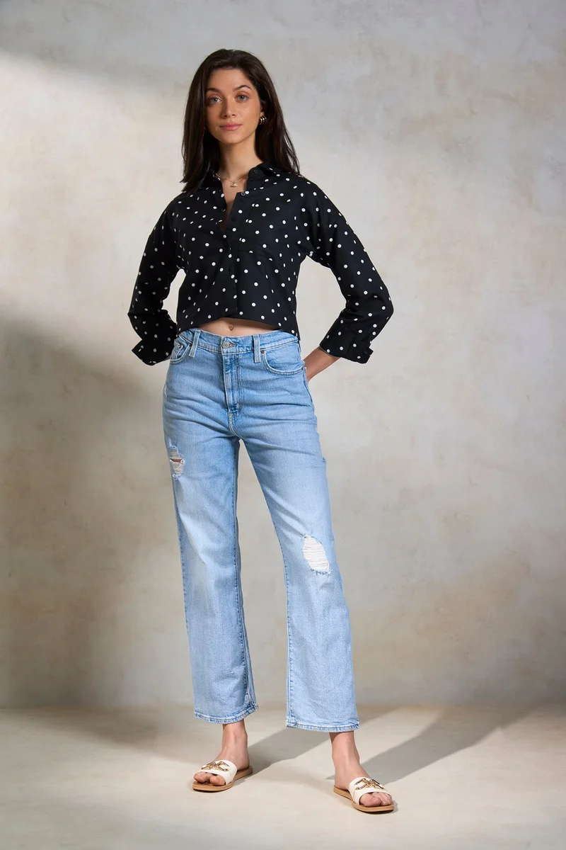 فيرجيو Cotton Polka Brunchwear Dot Boxy Crop Shirts for Women