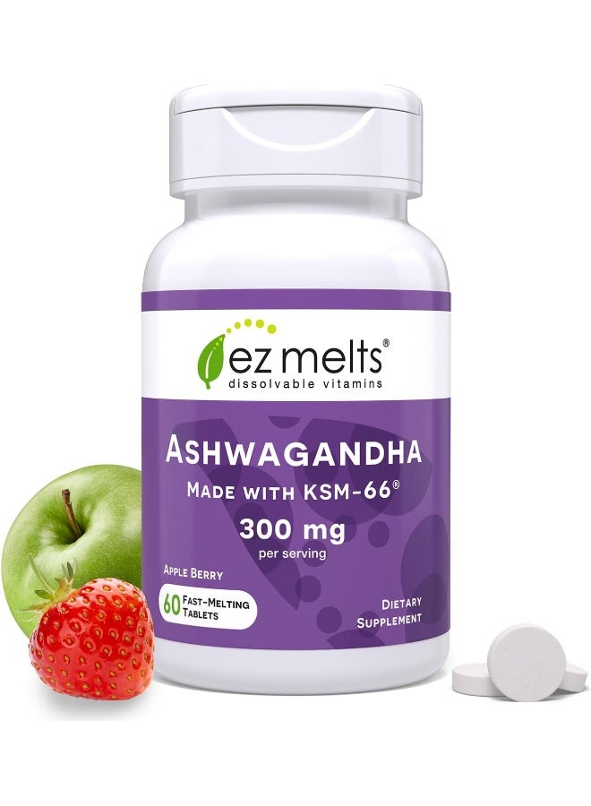 EZ Melts أقراص EZ Melts القابلة للذوبان KSM-66 أشواغاندا، 300 ملغ، خالية من السكر، دعم الإجهاد والنوم والمزاج، إمداد لمدة 30 يومًا، بنكهة تفاح التوت - Image 1