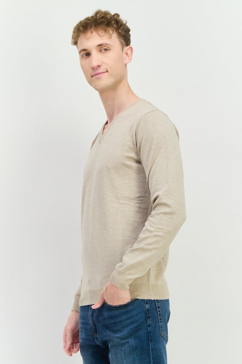 Sorbino Men V- Neck Textured Long Sleeves Sweatshirt, Beige - Image 4