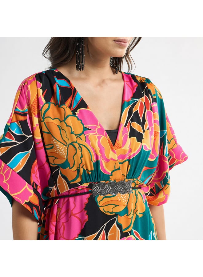 Splash FAV All-Over Floral Print V-neck Dress with Tie-Up Belt  - Image 4