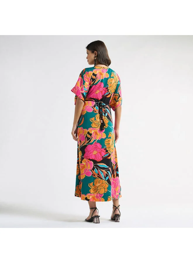 Splash FAV All-Over Floral Print V-neck Dress with Tie-Up Belt