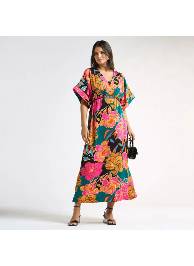 Splash FAV All-Over Floral Print V-neck Dress with Tie-Up Belt