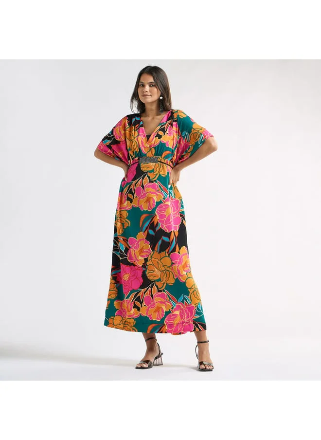 Splash FAV All-Over Floral Print V-neck Dress with Tie-Up Belt