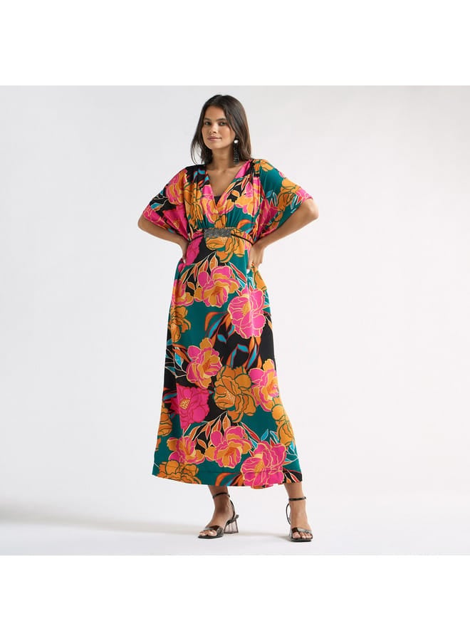 Splash FAV All-Over Floral Print V-neck Dress with Tie-Up Belt  - Image 1