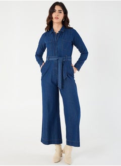 Femmella Zipper Detail Tie-Up Belt Denim Jumpsuit with Pockets by Styli  - Image 1