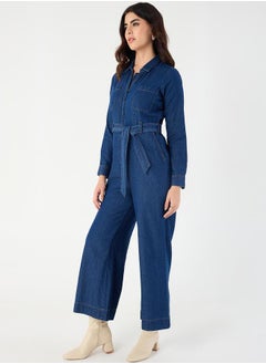 Femmella Zipper Detail Tie-Up Belt Denim Jumpsuit with Pockets by Styli  - Image 2