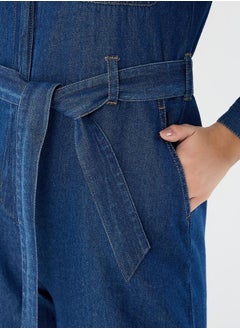 Femmella Zipper Detail Tie-Up Belt Denim Jumpsuit with Pockets by Styli  - Image 4